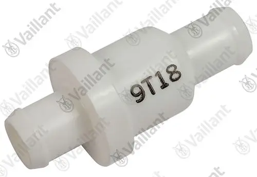 Vaillant Kondensatfilter in schlichten weißen Kunststoff mit zwei Anschlüssen. Die Artikelnummer „9T18“ ist auf dem Produkt abgedruckt.